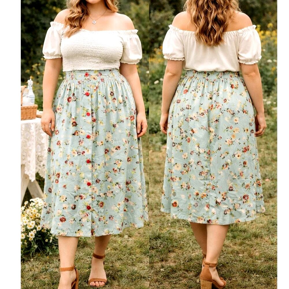 Women XL Sage Teal Floral Button Front Midi Skirt Elastic Waist Cottagecore Y2k